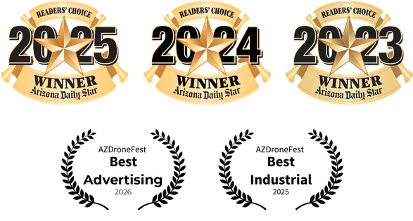 Desert Drones LLC award badges: Readers Choice Winner 2023 2024 2025, AZDroneFest Best Advertising 2026 and Best Industrial 2025