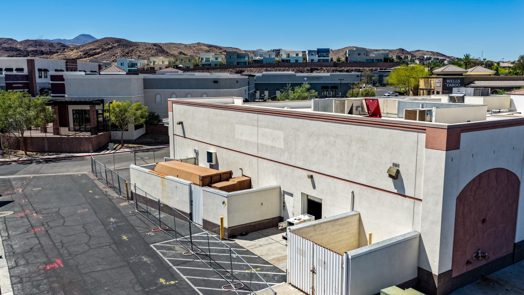 Aerial drone view of a commercial building roof and HVAC systems documented in Henderson, NV