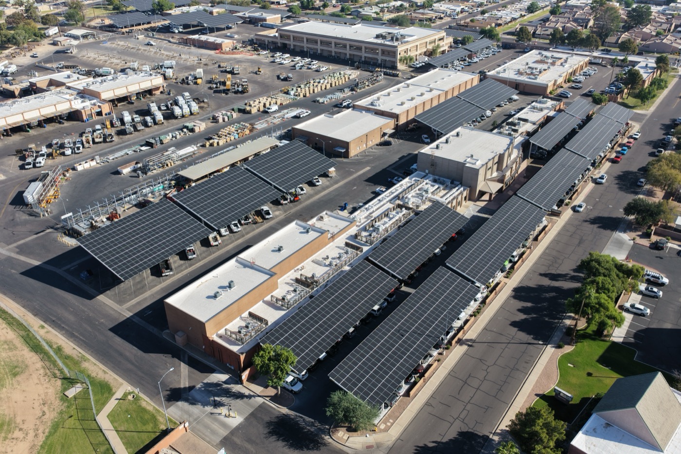 Aerial of a commercial solar carport array