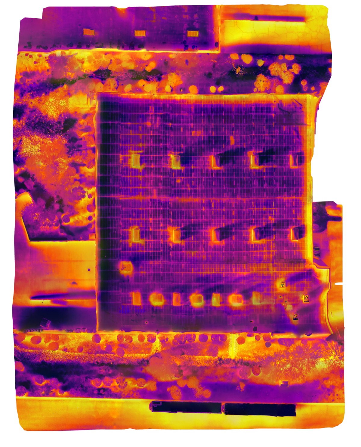 Thermal orthomosaic heat map of a large commercial flat roof