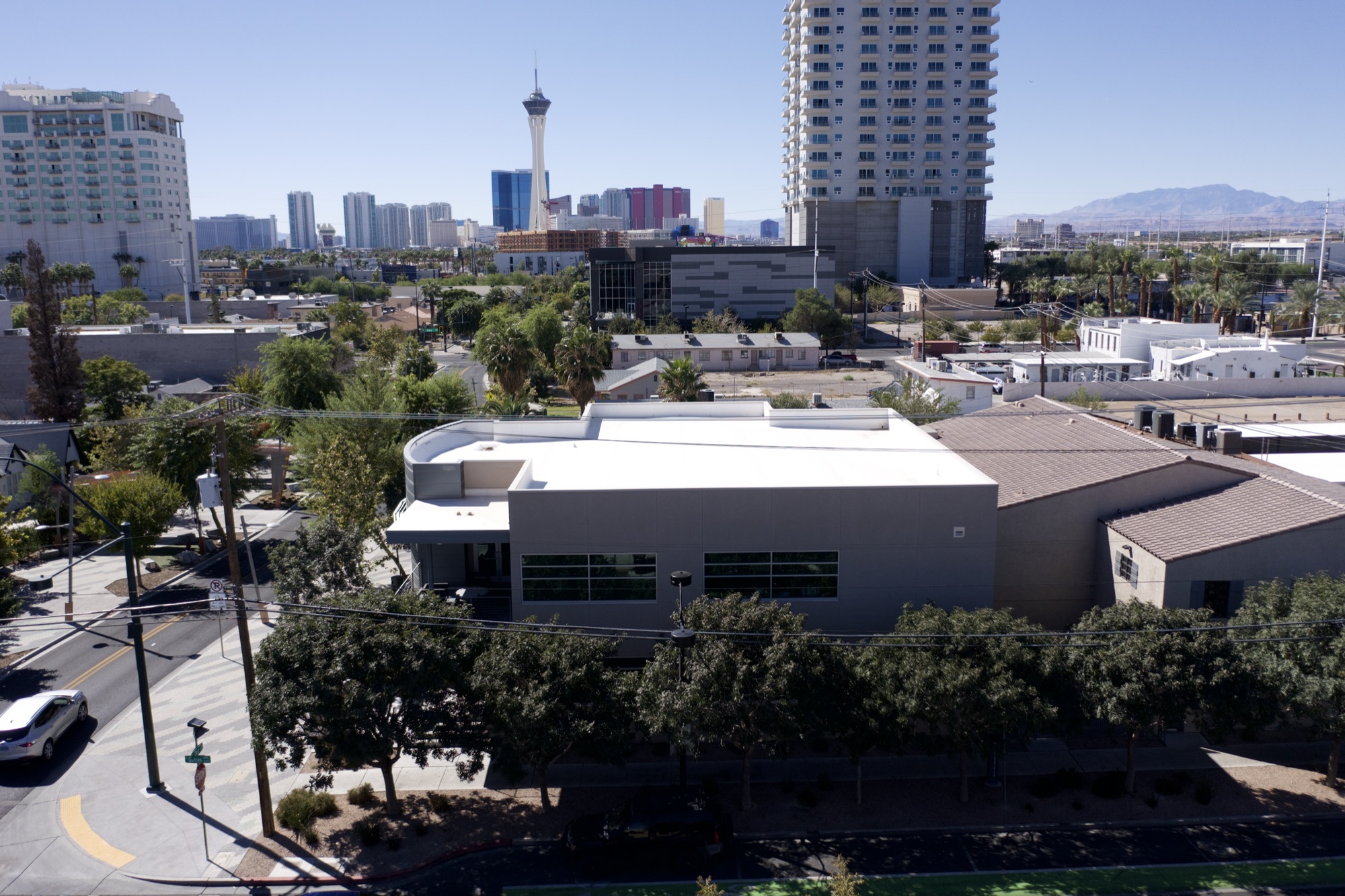Drone real estate photo of a commercial property in downtown Las Vegas