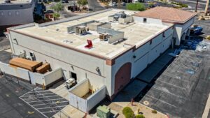 Aerial drone view of a commercial building roof and HVAC systems documented in Henderson, NV