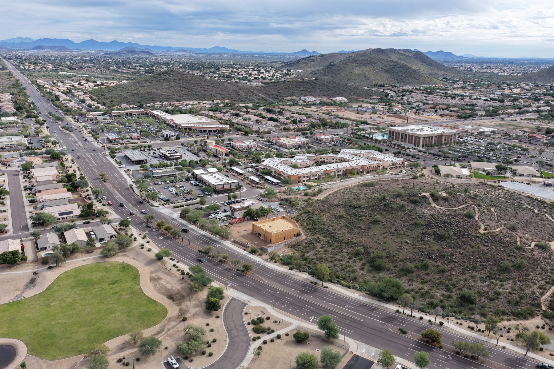 Aerial over a Southwest residential community at golden hour