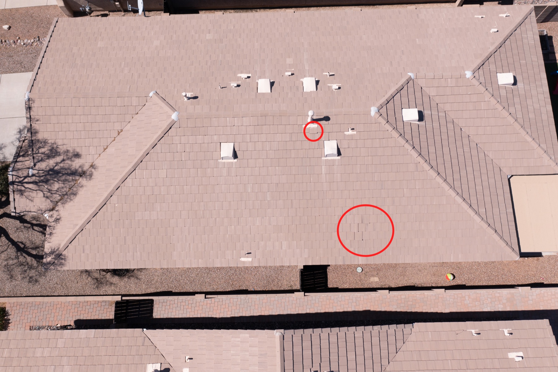 Aerial drone inspection of a residential tile roof in the Southwest