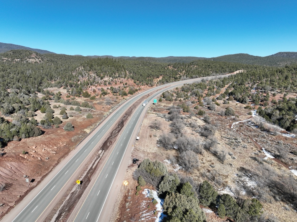 Drone mapping view of a northern New Mexico highway corridor