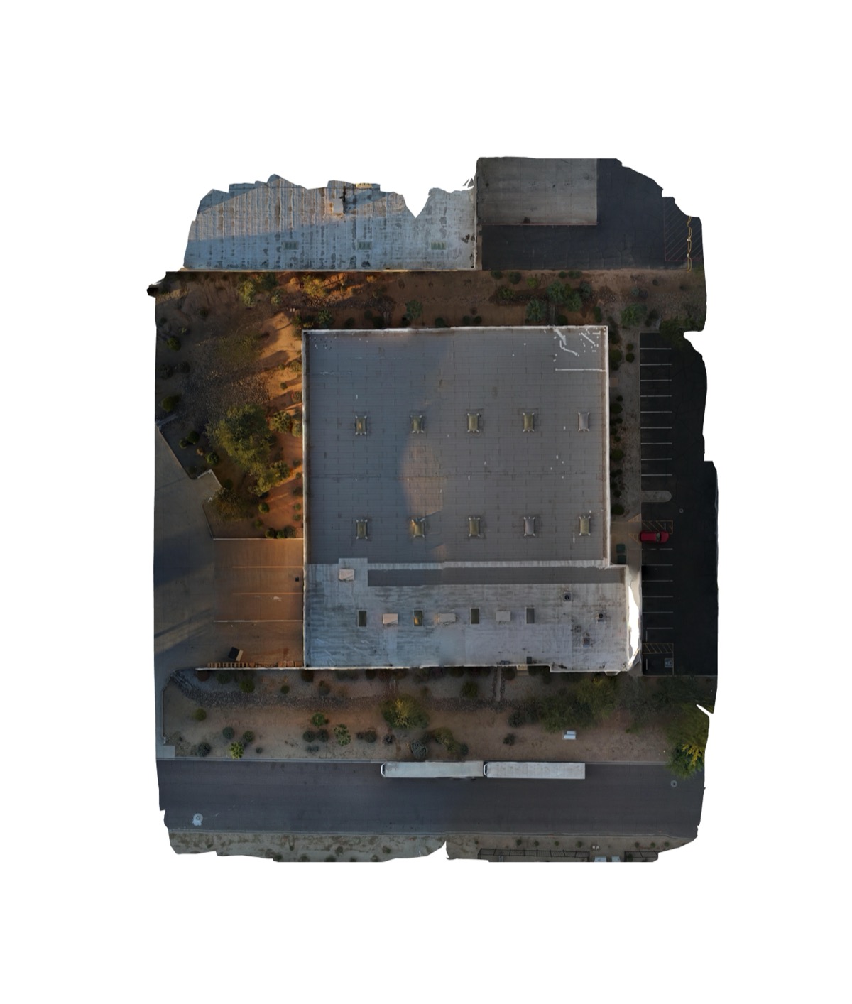Visible-light orthomosaic of the same commercial roof, paired with the thermal survey, west Phoenix