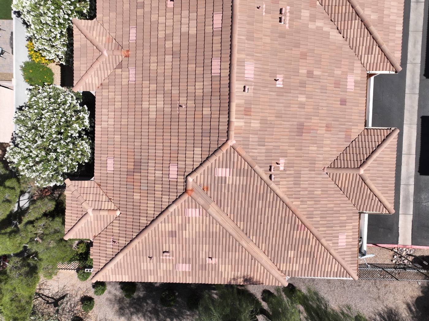 Aerial nadir photo of a north Phoenix townhome tile roof community