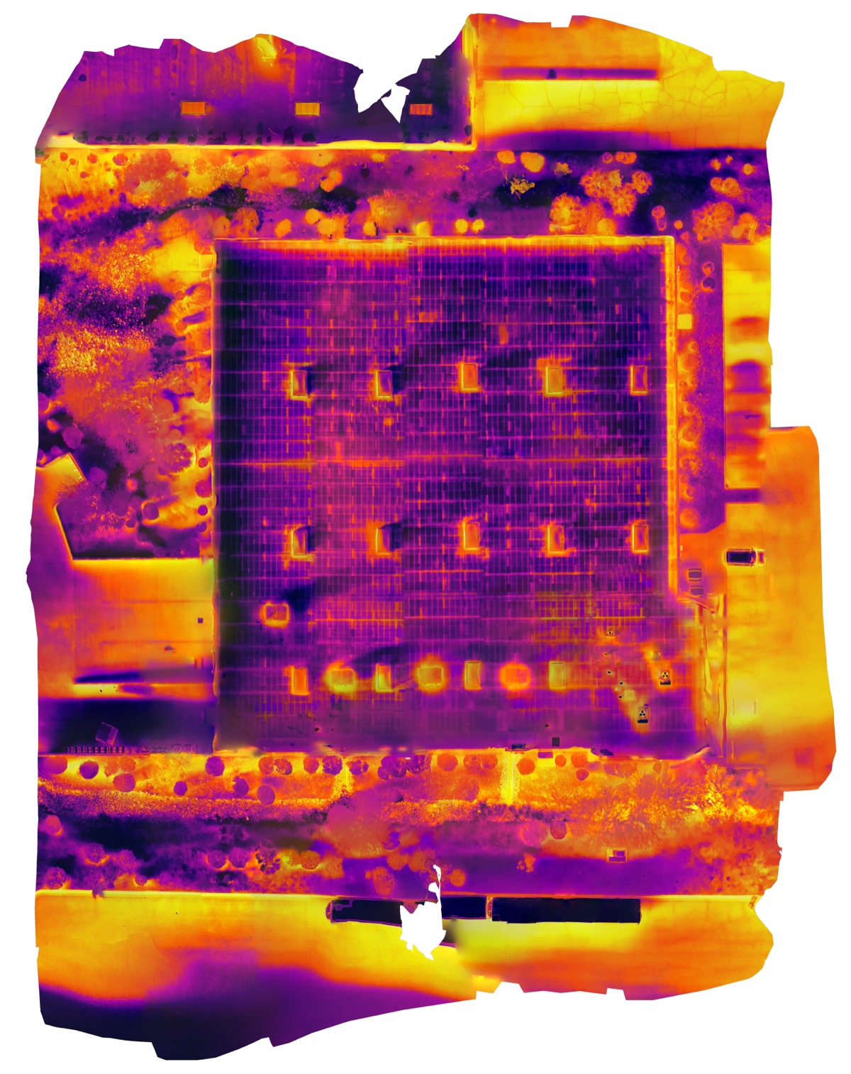Thermal orthomosaic heat map of a large commercial flat roof, west Phoenix