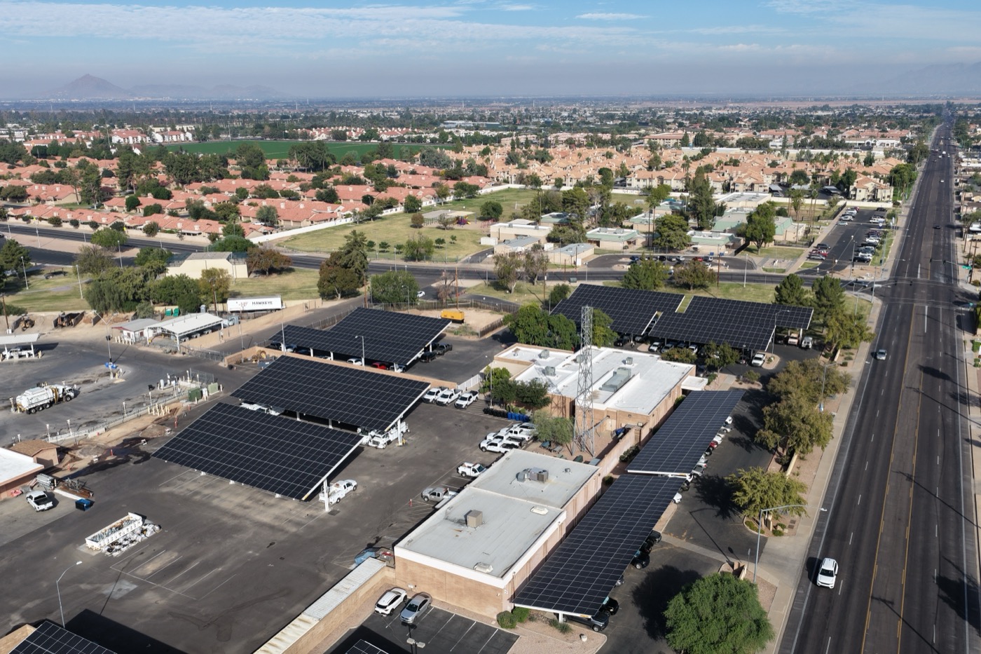 Aerial detail of commercial solar carport arrays, Phoenix metro
