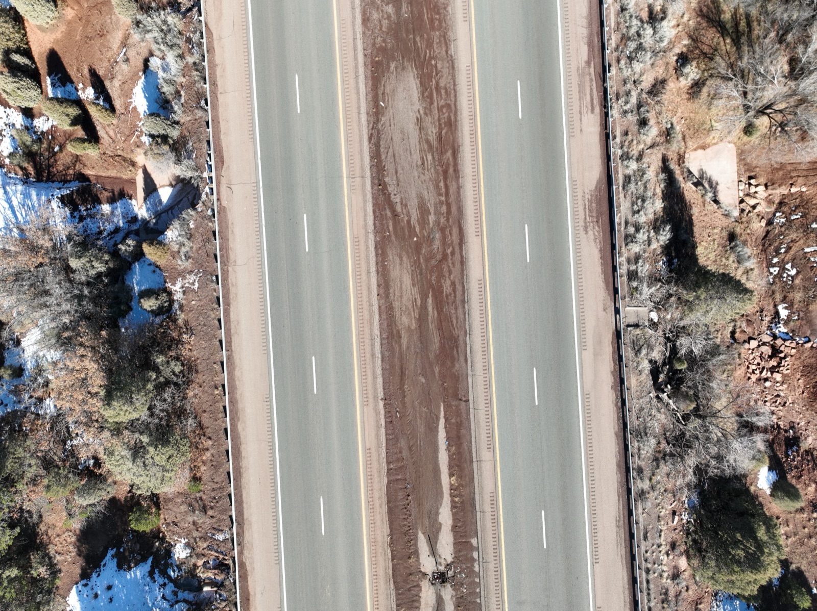 Top-down drone mapping image of a highway corridor in northern New Mexico