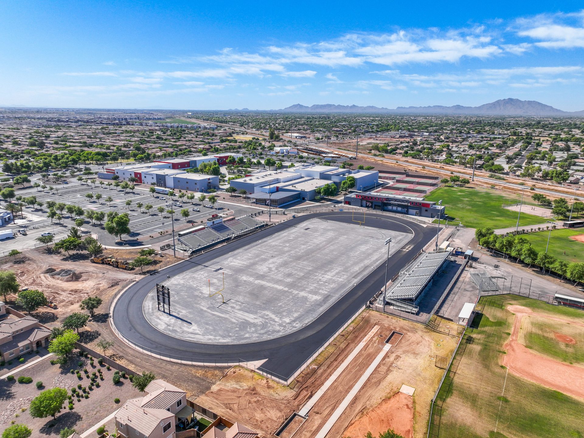 Aerial view of a school campus construction project
