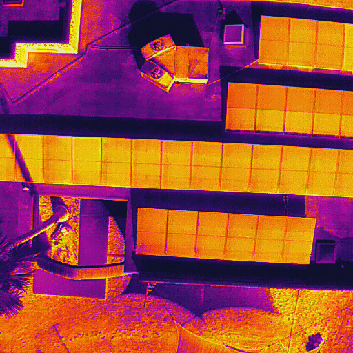 Aerial thermal image of a rooftop solar array showing panel temperature variation