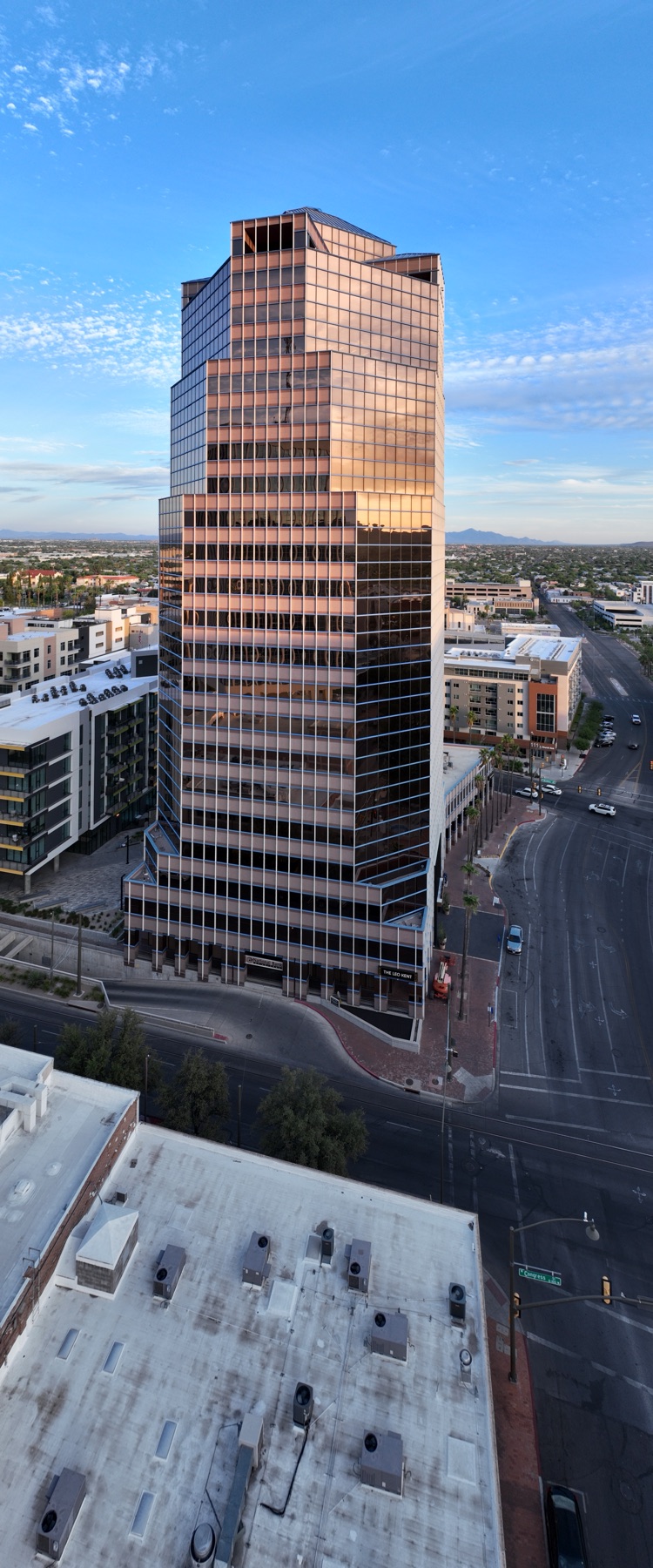 Aerial view of downtown Tucson towers at dusk