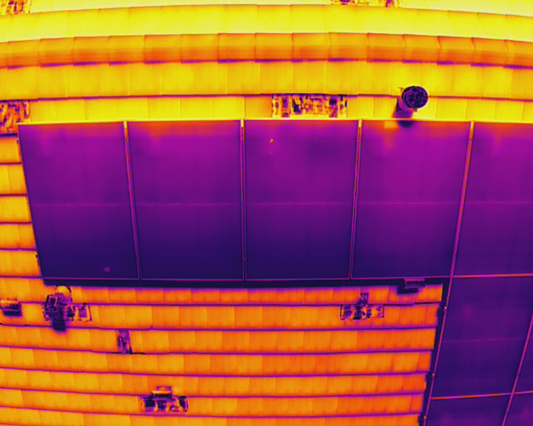 Radiometric thermal drone image of a rooftop solar array near Vail, Arizona